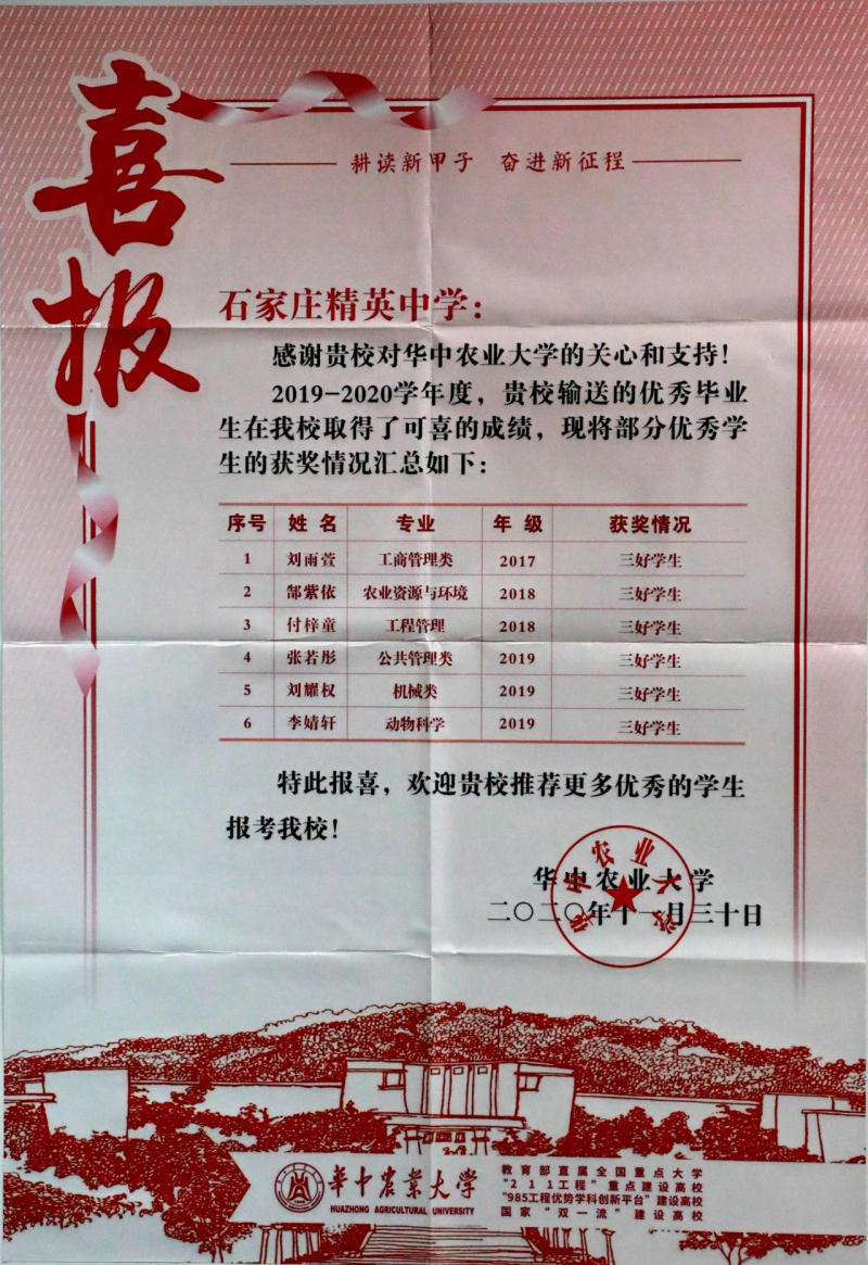 “雙一流”建設(shè)高校華農(nóng)、南農(nóng)、河工大向石家莊精英中學(xué)發(fā)來(lái)喜報(bào)